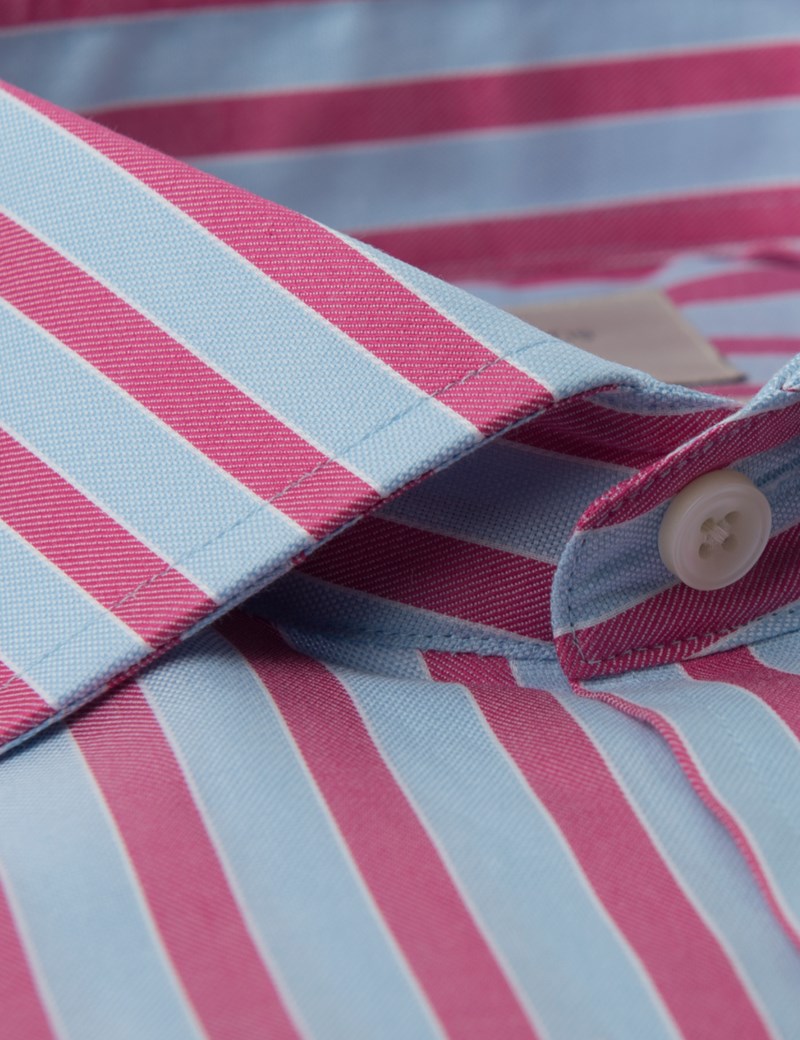Men's Formal Pink & Blue Striped Classic Fit Cotton Shirt - Double Cuff - Windsor Collar - Easy 
