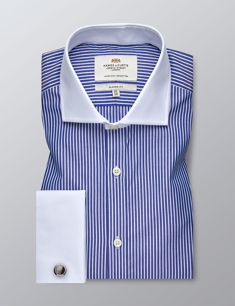 Men's Formal Navy & White Stripe Classic Fit Shirt - Double Cuff ...