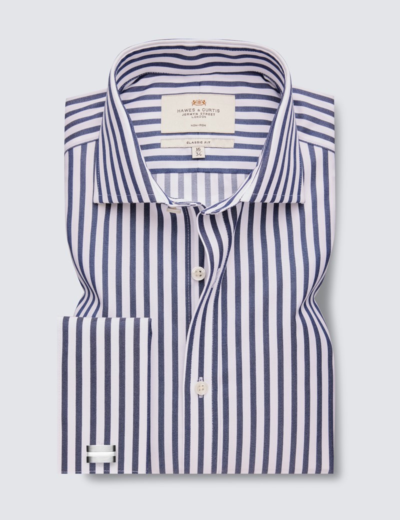 Bügelfreies Businesshemd – Classic Fit – Manschetten – navy weiß Bengal-Streifen
