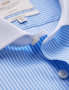 Non Iron Blue & White Stripe Classic Fit Shirt With Windsor Collar - Double Cuffs