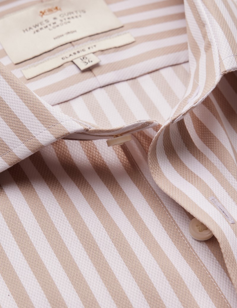 Non Iron Beige & White Bold Stripe Classic Fit Shirt With Windsor Collar - Double Cuffs