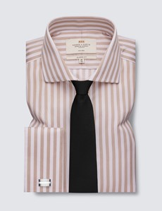 Non Iron Beige & White Bold Stripe Classic Fit Shirt With Windsor Collar - Double Cuffs