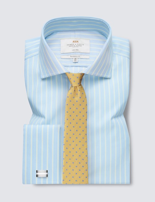 Non Iron Blue & Yellow Multi Stripe Classic Fit Shirt With Windsor Collar - Double Cuffs