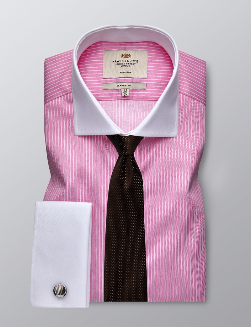 Men's Formal Pink & White Bi Colour Stripe Classic Fit Shirt - Double ...