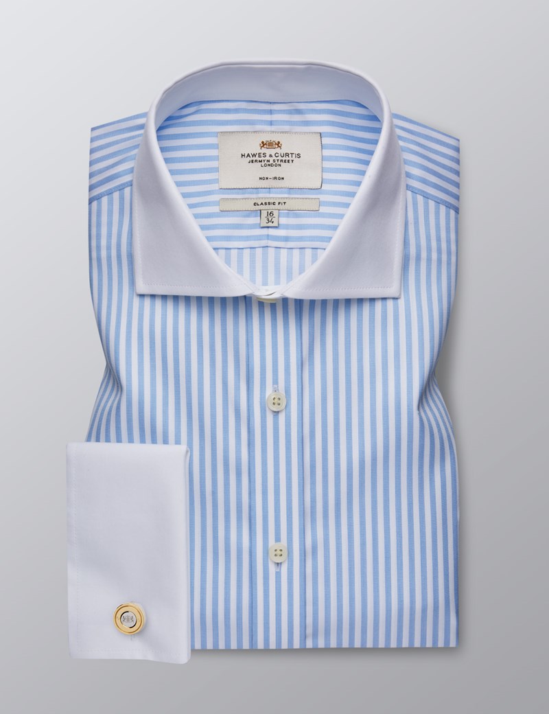 Men's Dress Light Blue & White Bengal Striped Classic Fit Shirt ...