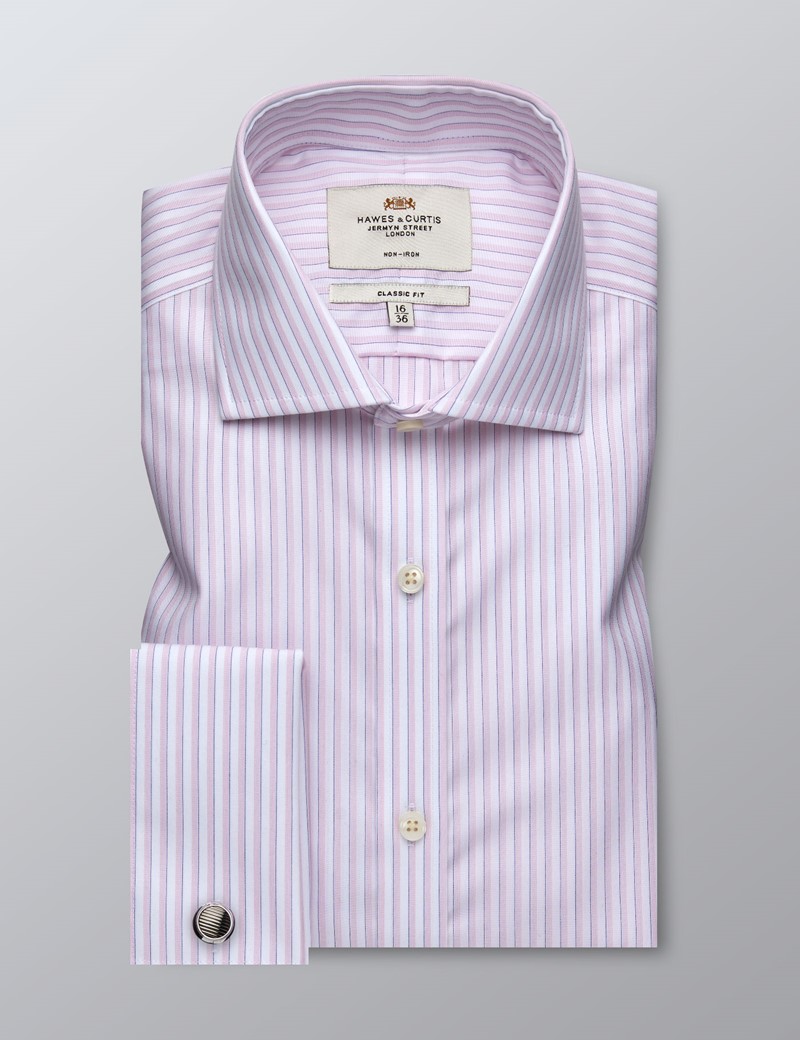 Men's Formal Pink & White Multi Stripe Classic Fit Shirt - Double Cuff ...