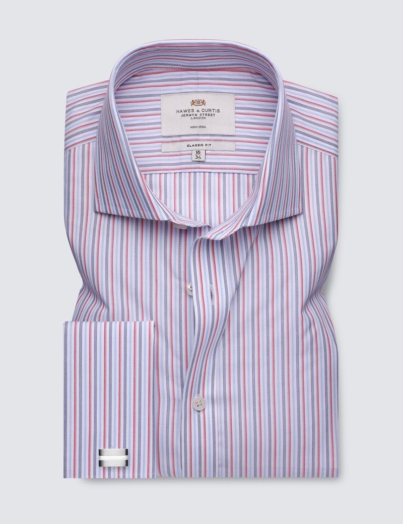 Non Iron Red & Navy Multi Stripe Classic Fit Shirt - Windsor Collar - Double Cuffs