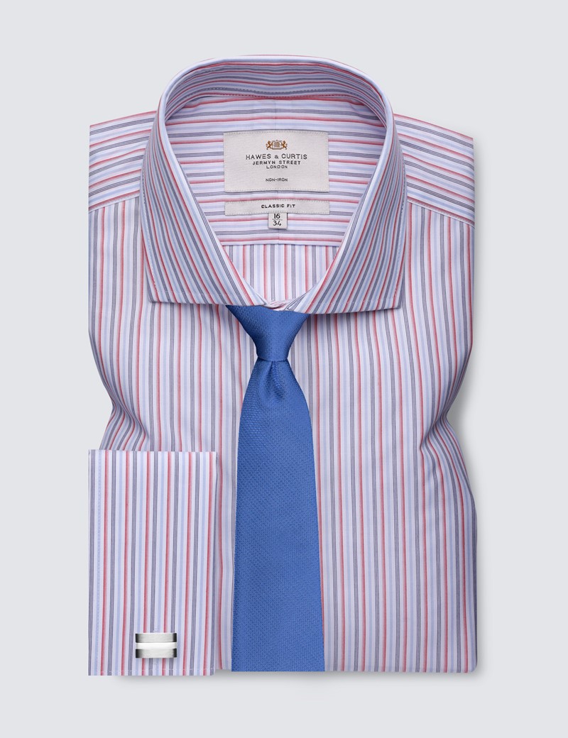 Non Iron Red & Navy Multi Stripe Classic Fit Shirt - Windsor Collar - Double Cuffs
