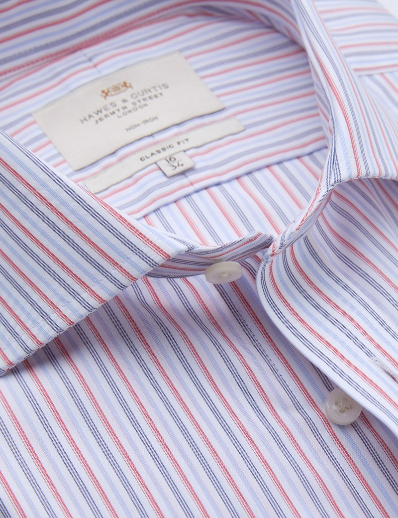 Non Iron Red & Navy Multi Stripe Classic Fit Shirt - Windsor Collar - Double Cuffs