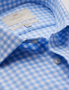 Men's Dress Blue & White Large Gingham Plaid Classic Fit Shirt - Single Cuff - Non Iron