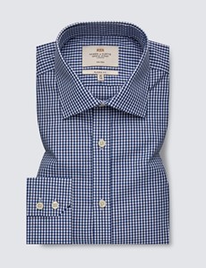 Men's Business Navy & White Gingham Check Classic Fit Shirt - Single Cuff - Non Iron
