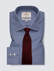 Men's Dress Navy & White Gingham Plaid Classic Fit Shirt - Single Cuff - Non Iron