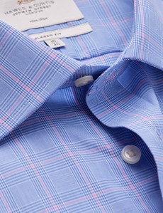 Non Iron Blue & Pink Prince Of Wales Check Classic Fit Shirt With Semi Cutaway Collar - Single Cuffs 