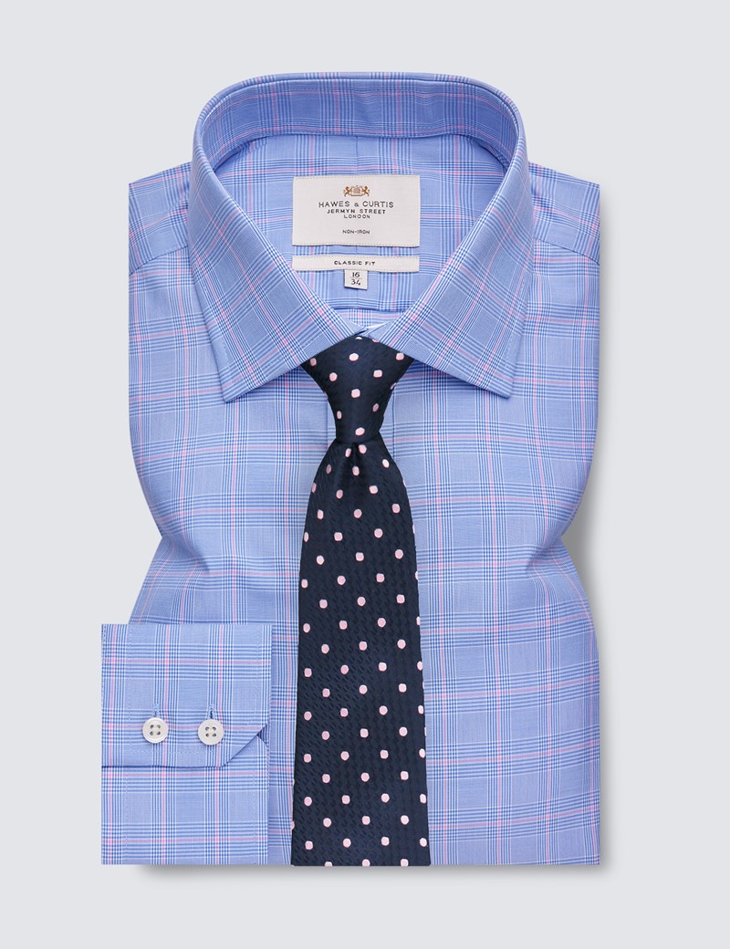 Non Iron Blue & Pink Prince Of Wales Check Classic Fit Shirt With Semi Cutaway Collar - Single Cuffs 