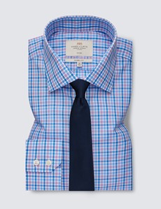 Non Iron Blue & Pink Multi Check Classic Fit Shirt With Semi Cutaway Collar - Single Cuffs