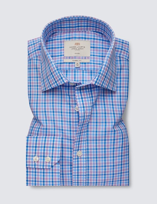 Non Iron Blue & Pink Multi Check Classic Fit Shirt With Semi Cutaway Collar - Single Cuffs