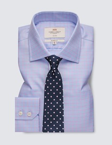 Non Iron Blue & Pink Check Classic Fit Shirt With Semi Cutaway Collar - Single Cuffs