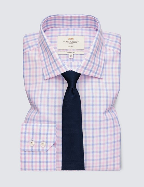Non Iron Blue & Pink Multi Plaid Classic Fit Shirt - Single Cuffs