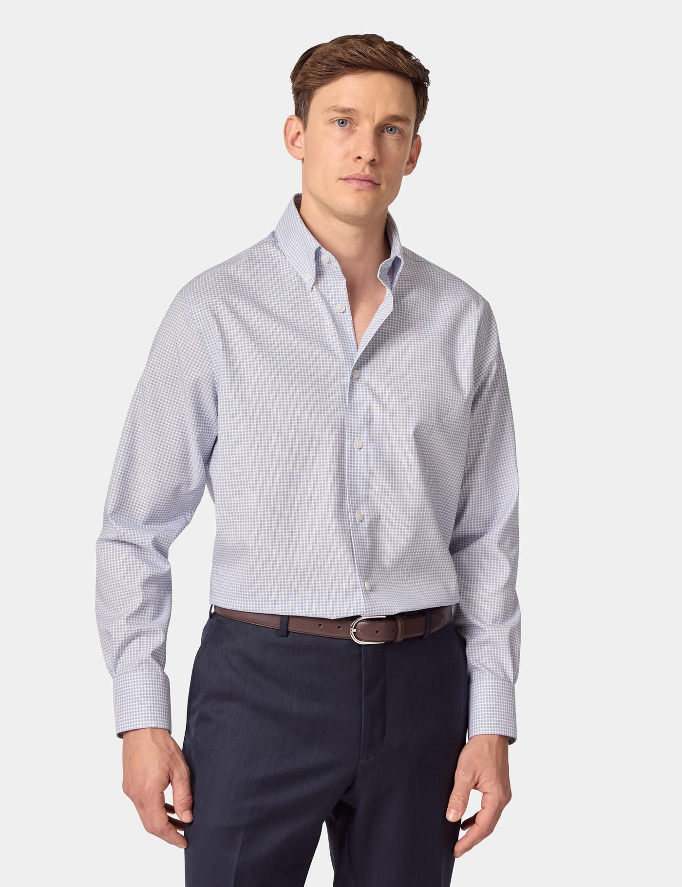 & Classic Fit Blue & Check Pin Point Non Iron Oxford Shirt 18" collar 38" sleeve