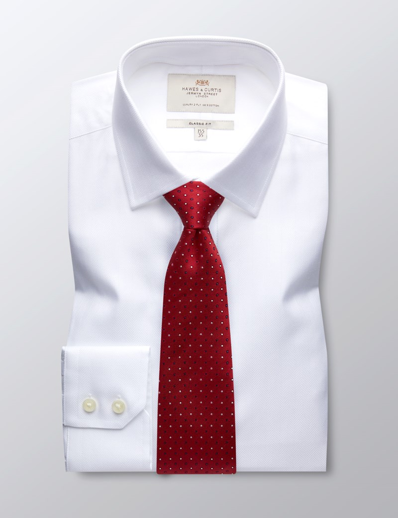 Easy Iron White Herringbone Classic Fit Shirt With Semi Cutaway Collar - Single Cuffs