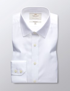 Men's Dress White Herringbone Classic Fit Shirt with Single Cuff - Easy Iron