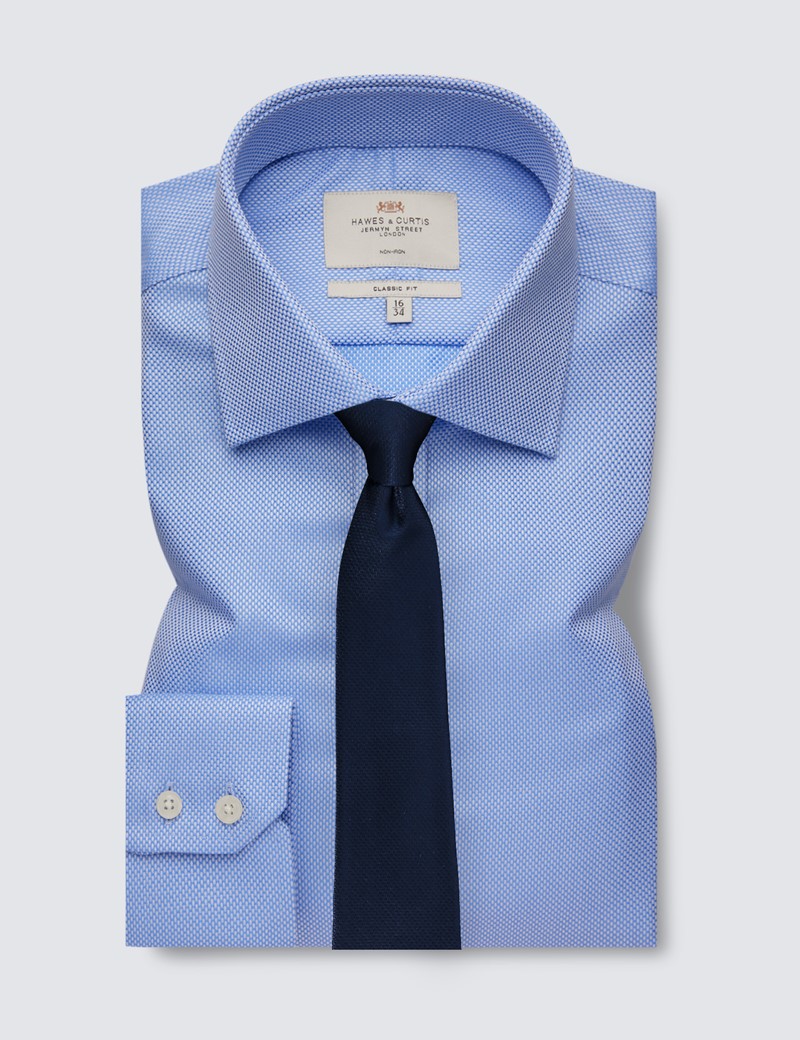 Non Iron Plain Blue Classic Fit Shirt With Semi Cutaway Collar - Single Cuffs