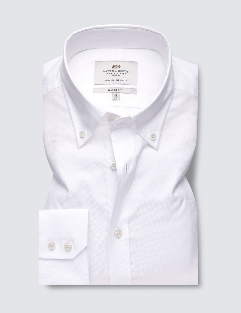 Easy Iron White Oxford Classic Fit Shirt with Button Down Collar - Single Cuffs