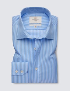 Non Iron Blue & White Stripe Classic Fit Shirt With Semi Cutaway Collar - Single Cuffs