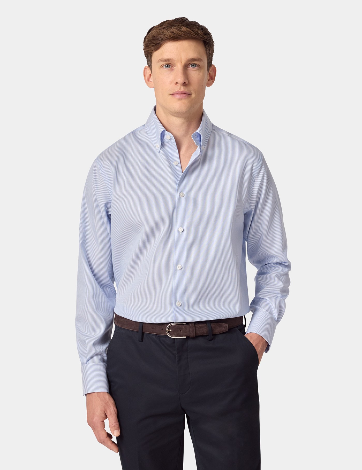 & Classic Fit Blue & Bengal Stripe Pin Point Non Iron Oxford Shirt 18" collar 38" sleeve