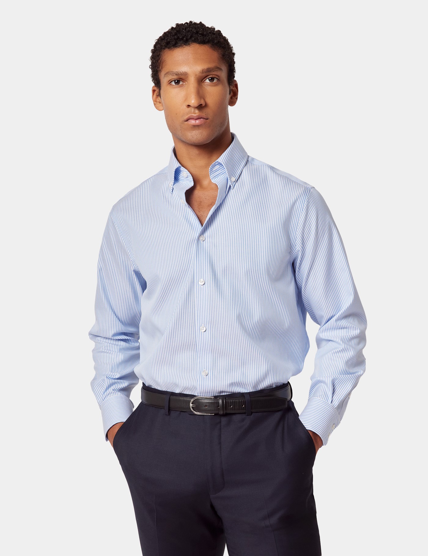 & Classic Fit Blue & Fine Stripe Pin Point Non Iron Oxford Shirt 17.5" collar 34" sleeve