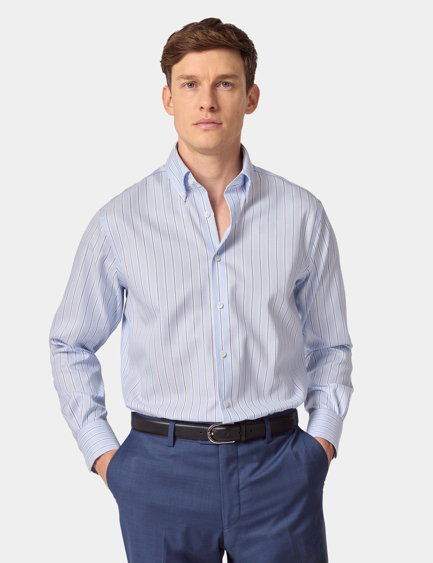 & Classic Fit Blue & Bold Stripe Pin Point Non Iron Oxford Shirt 18" collar 38" sleeve