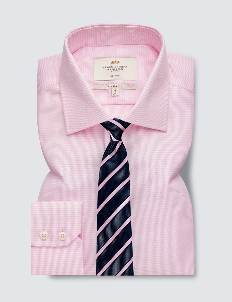 Men's Dress Pink & White Dogstooth Classic Fit Shirt - Single Cuff - Non Iron