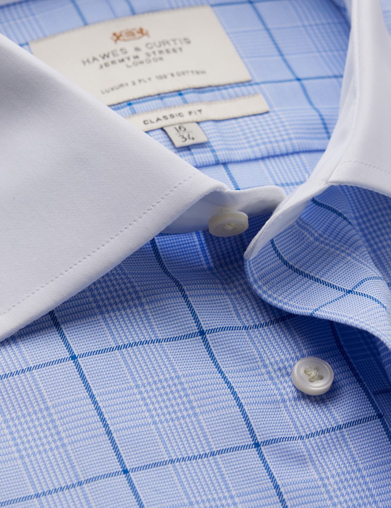 Easy Iron Blue & Navy Check Classic Fit Shirt with Semi Cutaway Collar - Double Cuffs