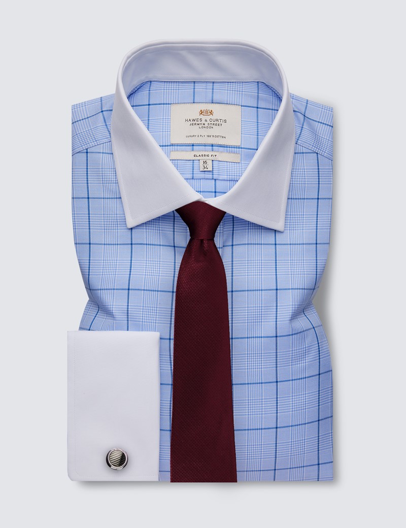 Easy Iron Blue & Navy Check Classic Fit Shirt with Semi Cutaway Collar - Double Cuffs