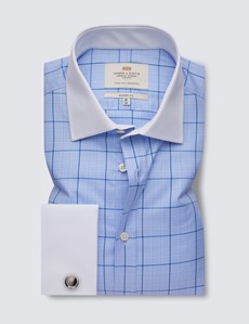 Easy Iron Blue & Navy Check Classic Fit Shirt with Semi Cutaway Collar - Double Cuffs