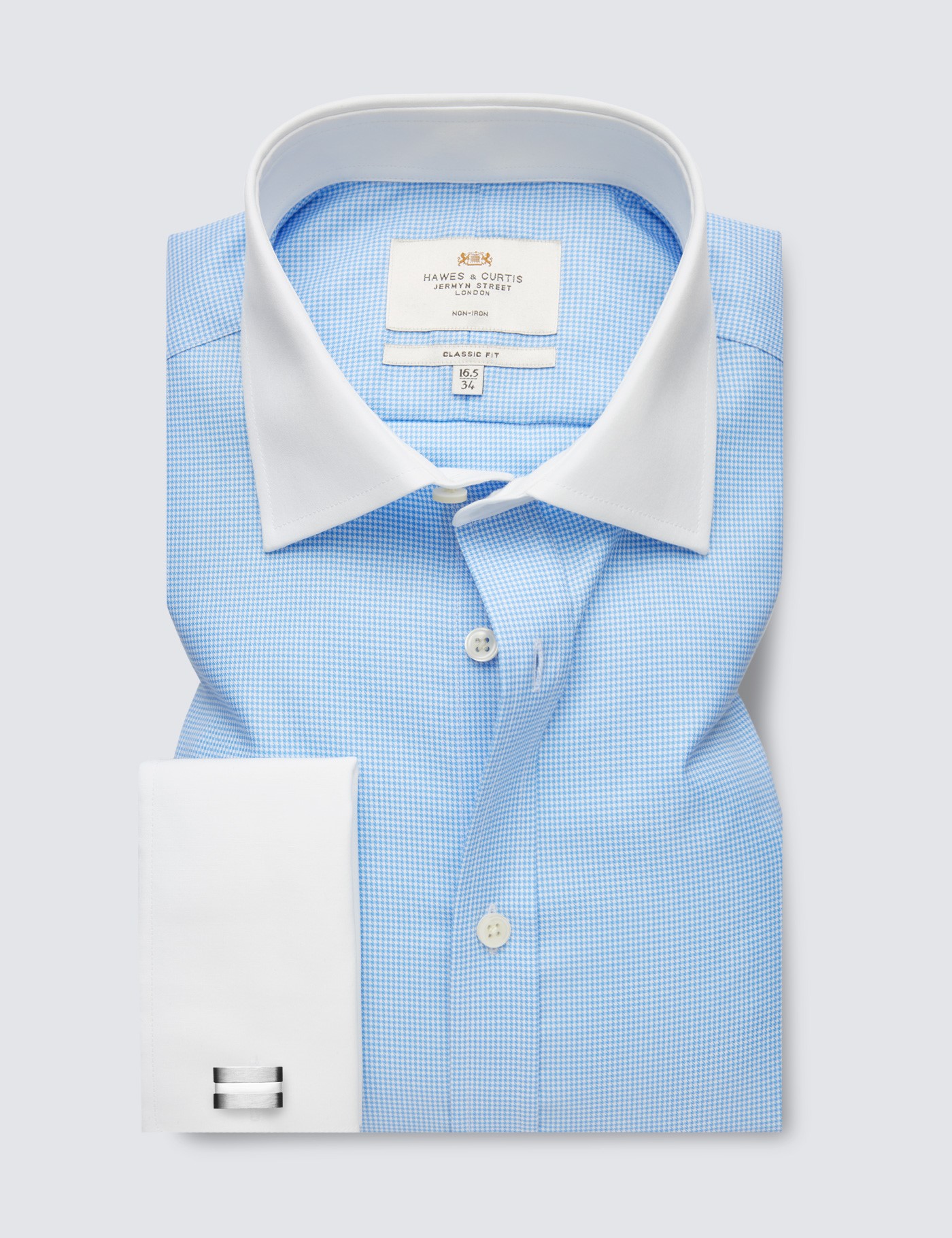 Men's Non-Iron Blue & White Dogtooth Classic Shirt With White Collar ...