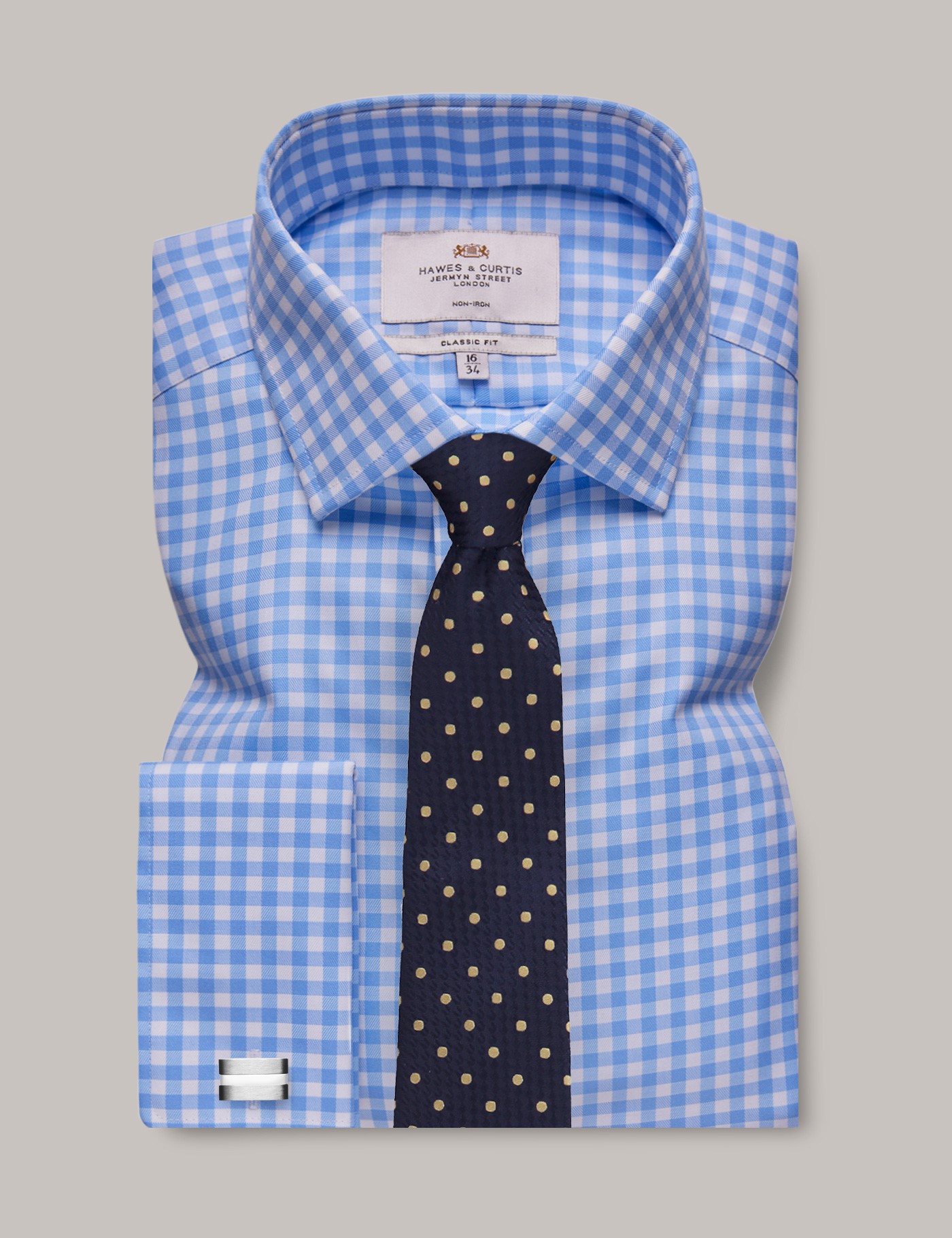 hawes & curtis non-iron blue & white large check classic shirt - double cuff