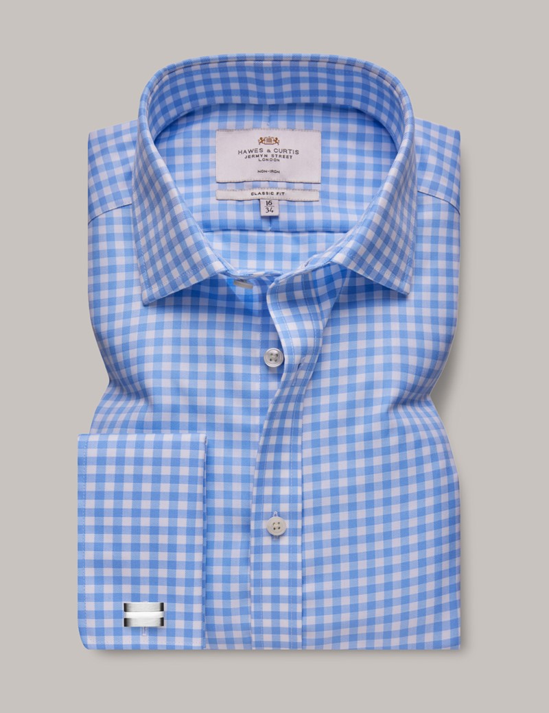 Men's Non-Iron Blue & White Bold Check Classic Shirt - Double Cuff ...