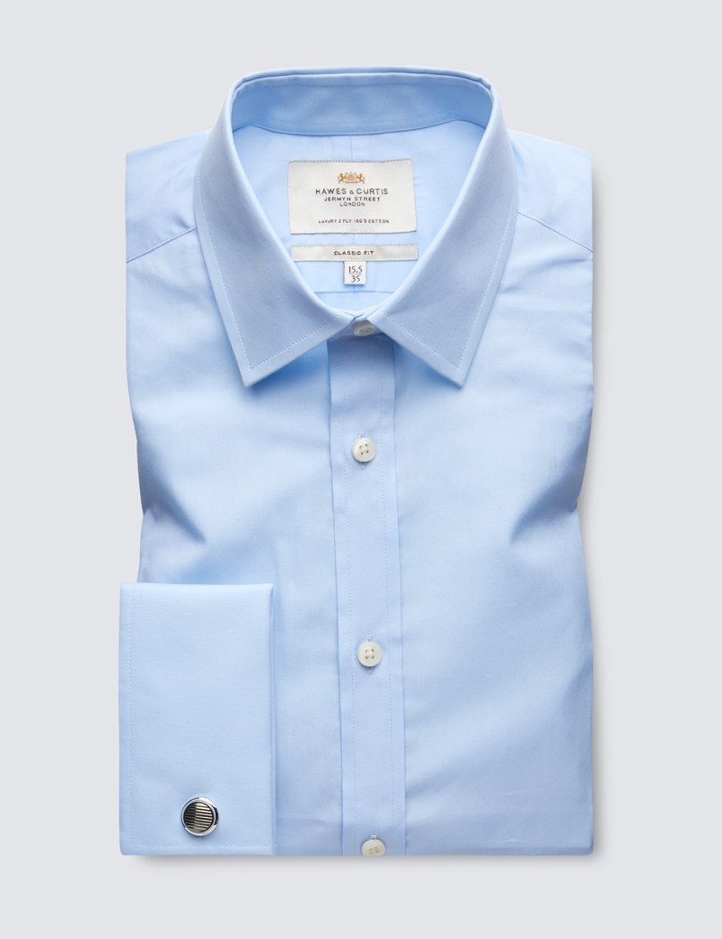 Men's Formal Blue Poplin Classic Fit Shirt - Double Cuff - Easy Iron