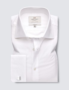 Men's White Poplin Classic Fit Business Shirt - Double Cuff - Easy Iron