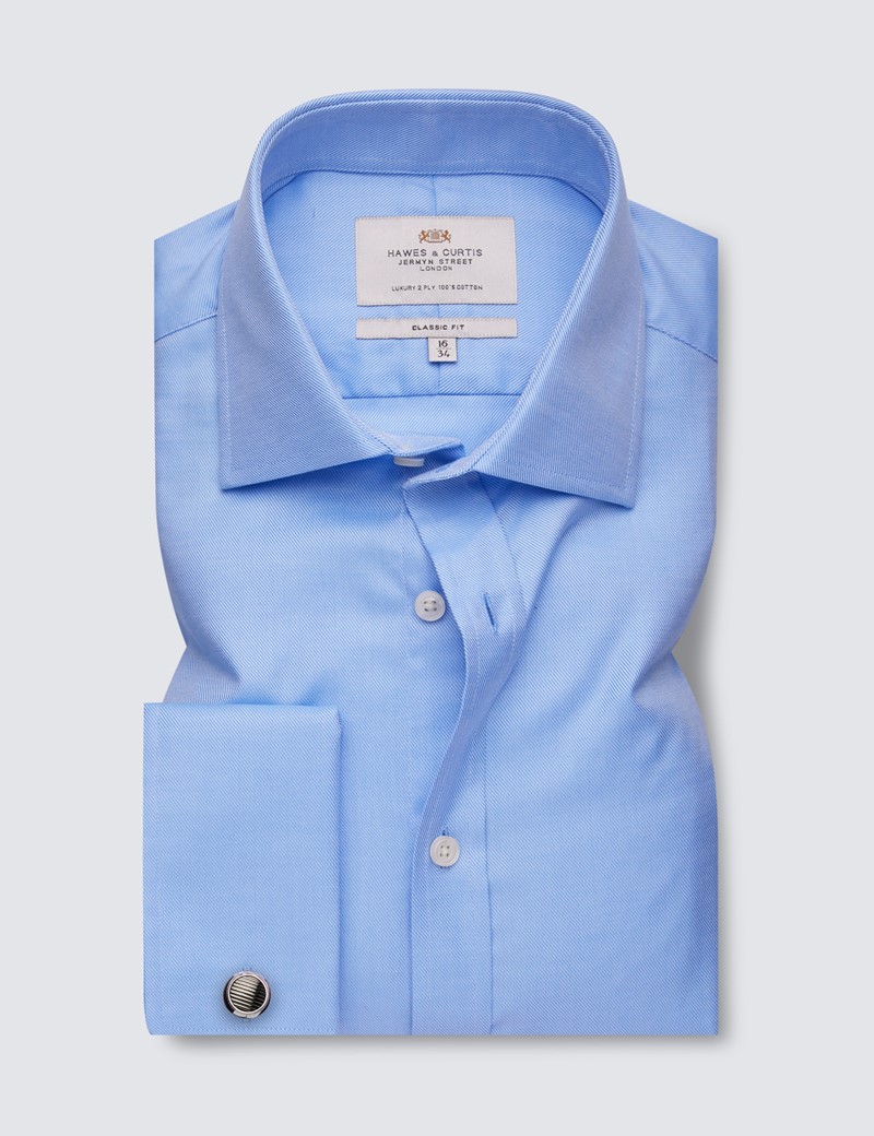 Easy Iron Blue Twill Classic Fit Shirt with Semi Cutaway Collar - Double Cuffs