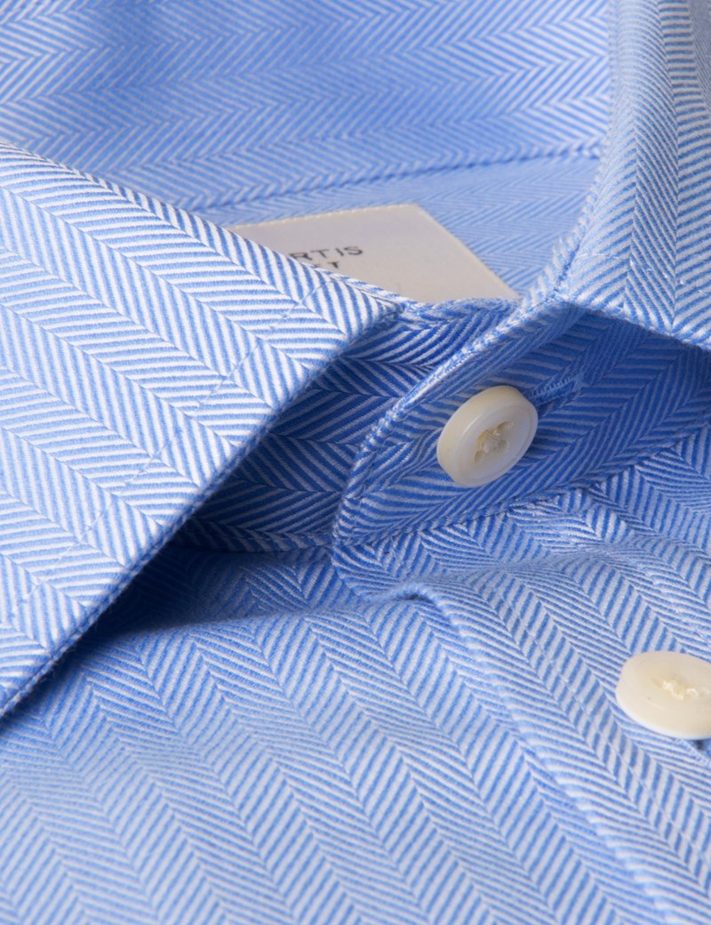 Men's Blue Herringbone Classic Fit Dress Shirt - French Cuff - Easy Iron
