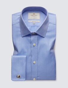 Men's Formal Blue Herringbone Classic Fit Shirt - Double Cuff - Easy Iron