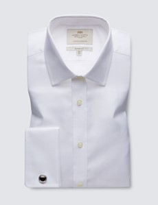 Men's Formal White Herringbone Classic Fit Shirt - Double Cuff - Easy Iron