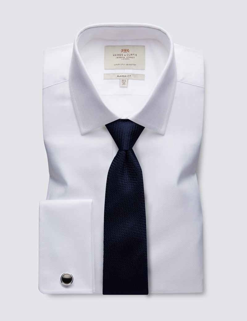 Men's Formal White Herringbone Classic Fit Shirt - Double Cuff - Easy Iron