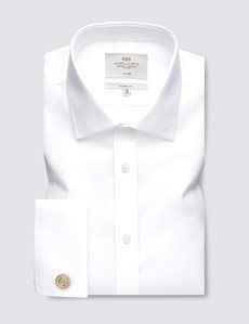 Men's Dress White Twill Classic Fit Shirt - Double Cuff - Non Iron