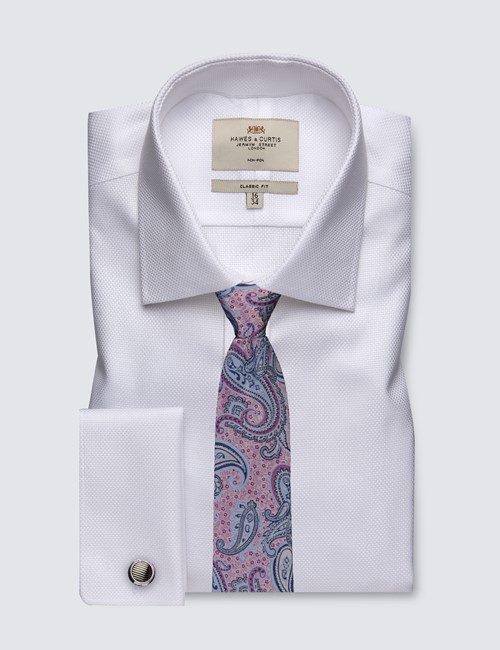 Men's Formal White Fabric Interest Dobby Classic Fit Shirt - Double Cuff - Non Iron
