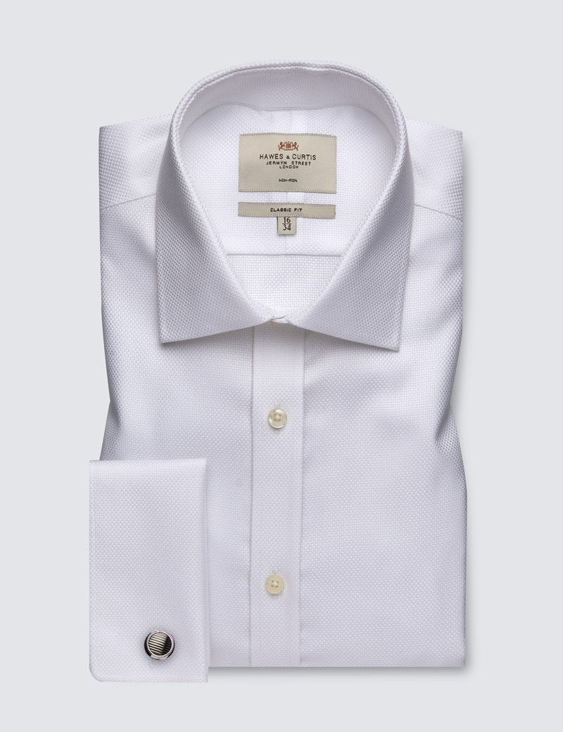 Men's Formal White Fabric Interest Dobby Classic Fit Shirt - Double Cuff - Non Iron
