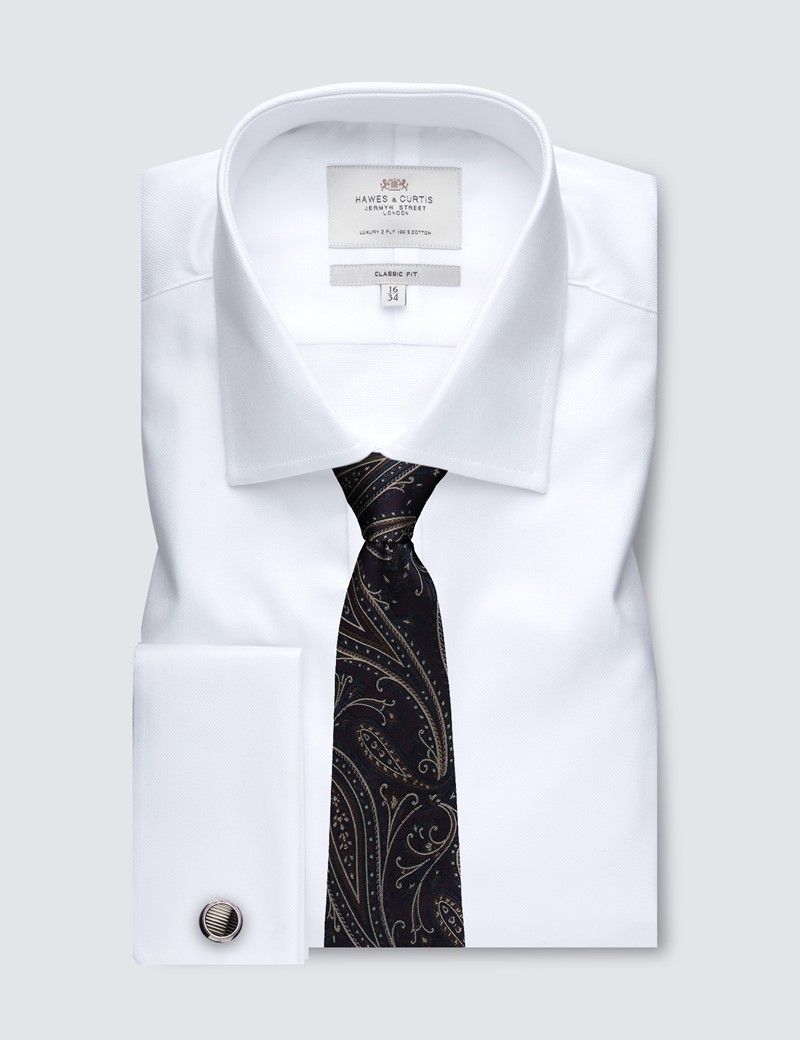 Men's Formal White Pique Classic Fit Shirt - Double Cuff - Easy Iron