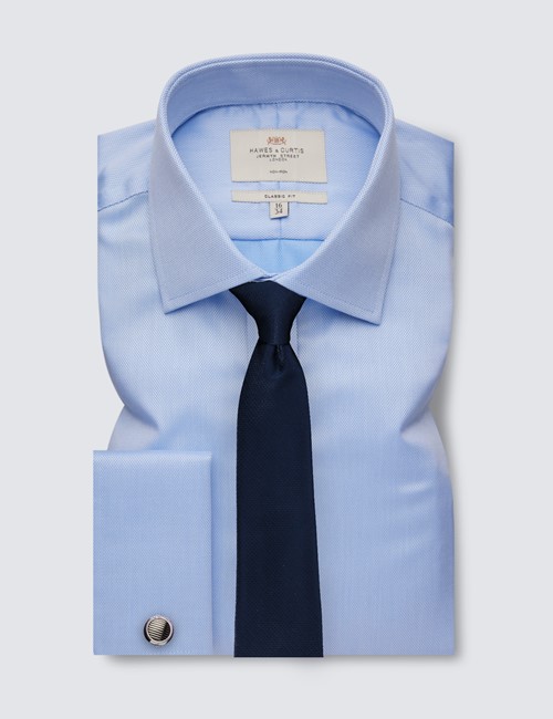 Easy Iron Blue Pique Classic Fit Shirt With Semi Cutaway Collar - Double Cuffs